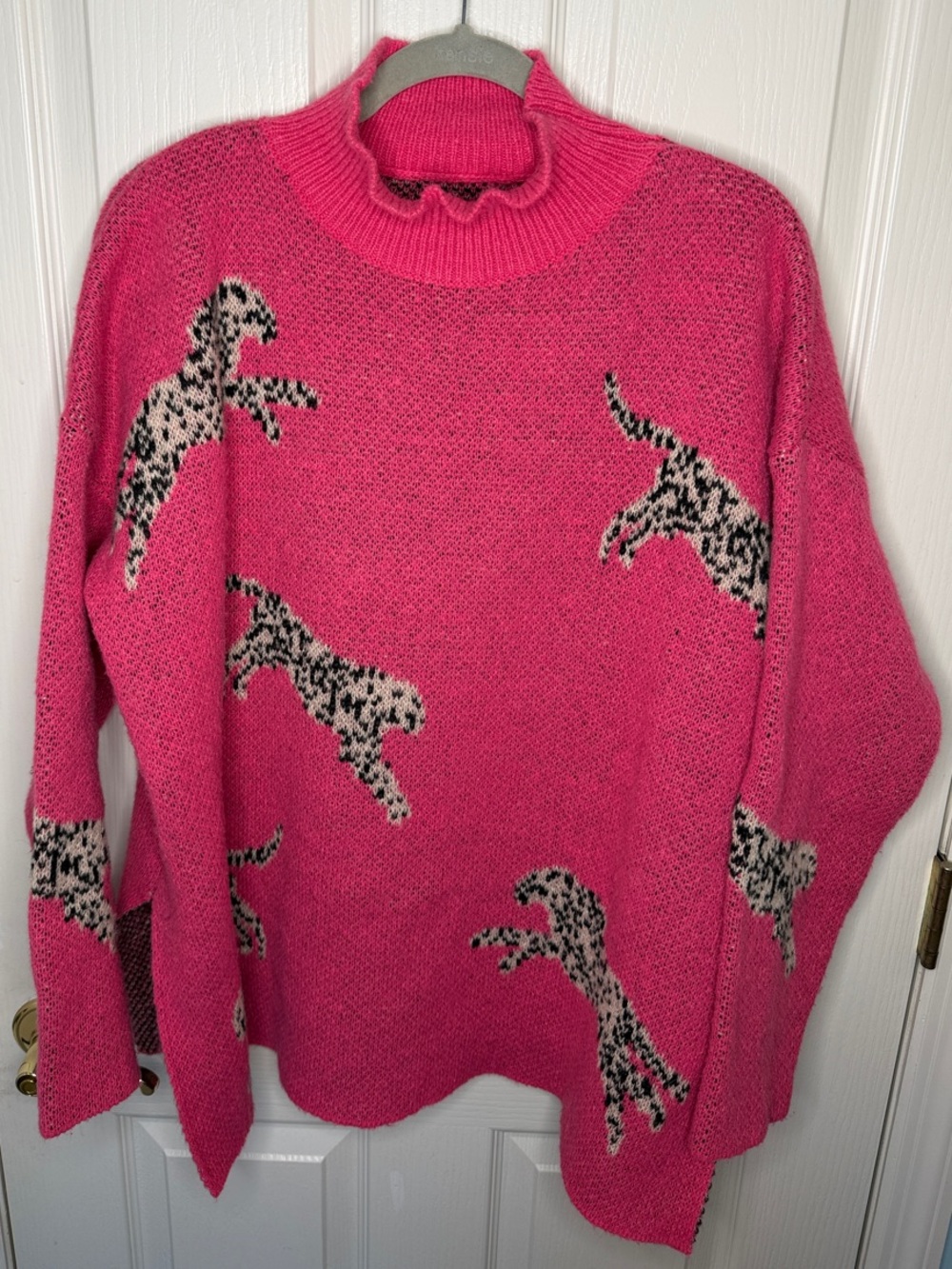 Hot Pink Leopard-Print Mock Neck Sweater